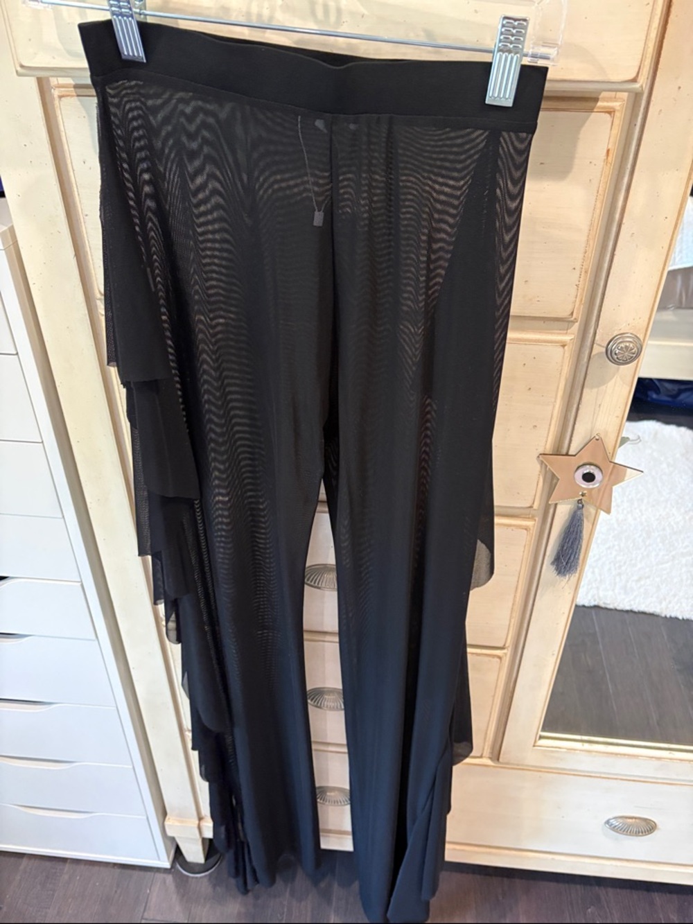 Black Ruffle Side Sheer Wide-Leg Pants - Women